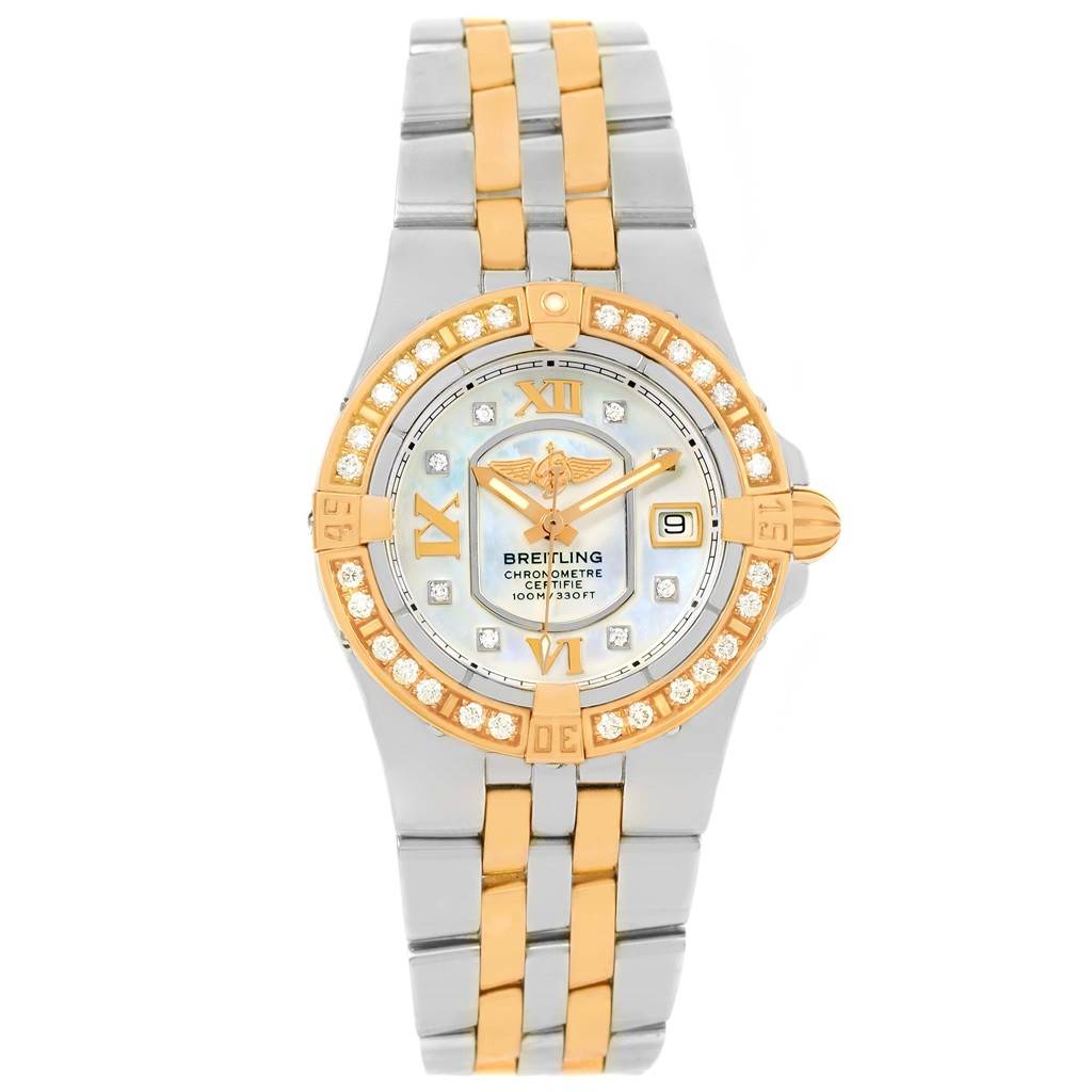 The image shows a Breitling C71340 Women's Steel and Gold (two tone) Mother of Pearl Dial C71340 Women's Steel and Gold (two tone) Mother of Pearl Dial Galactic 30 Ladies C71340 watch with a front view, highlighting the steel and 18K rose gold case and diamond-studded bezel.