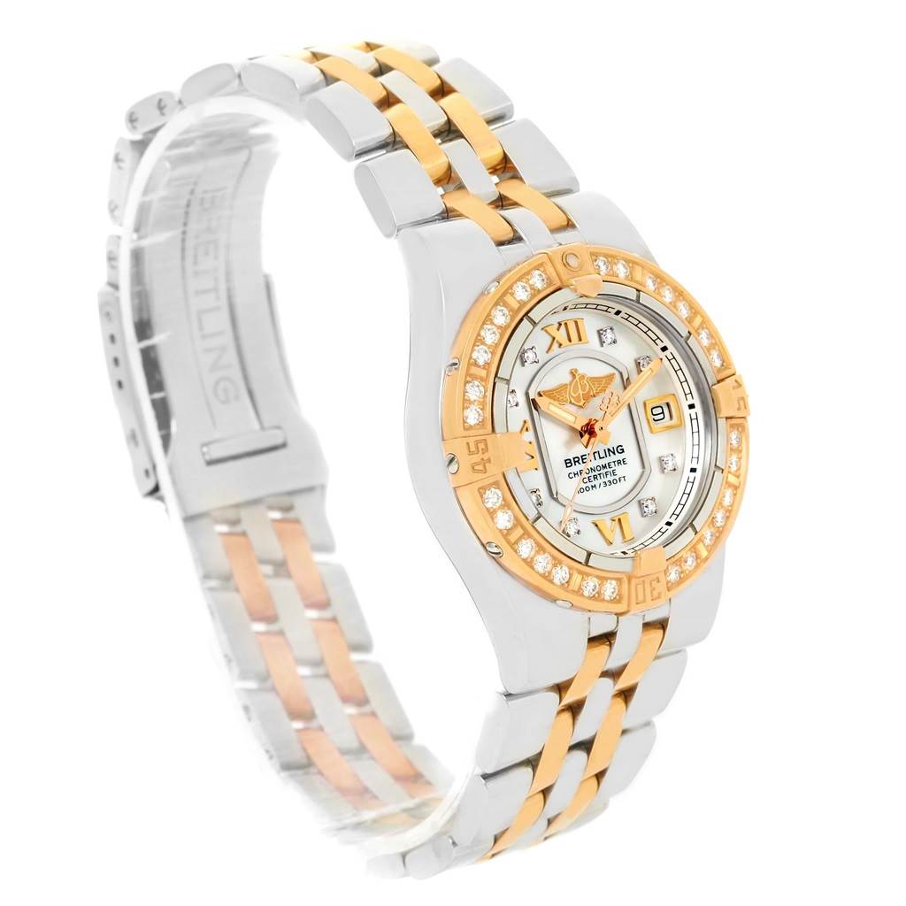 The image shows a Breitling C71340 Women's Steel and Gold (two tone) Mother of Pearl Dial C71340 Women's Steel and Gold (two tone) Mother of Pearl Dial Galactic 30 Ladies Steel 18K Rose Gold Diamond Watch C71340 at a three-quarter angle, highlighting the face and bracelet.
