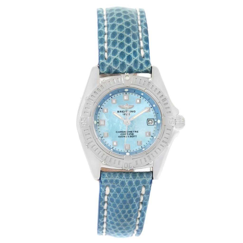 This image shows a frontal view of the Breitling A72345 Women
s Stainless Steel Mother of Pearl Dial A72345 Women
s Stainless Steel Mother of Pearl Dial Callisto Blue Mother of Pearl Dial Ladies Watch A72345, featuring the watch face and strap.