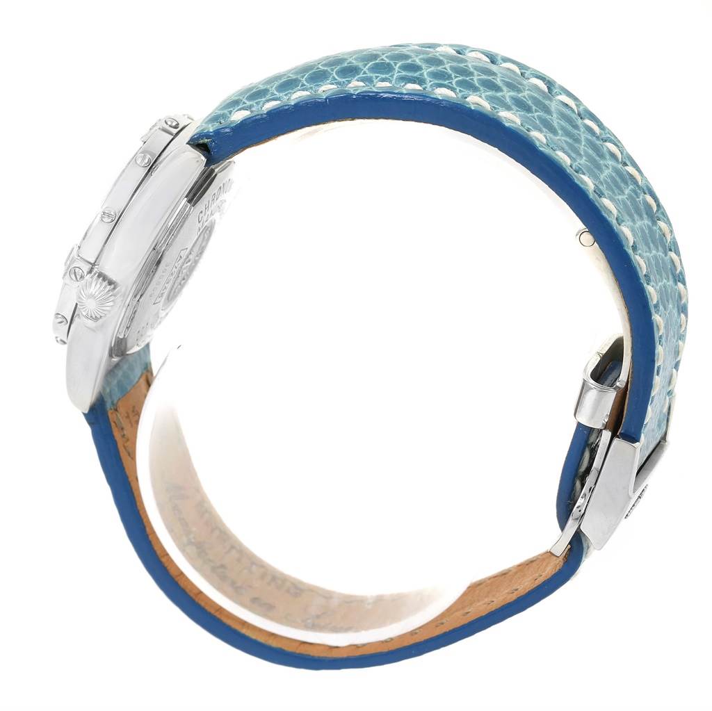 This image shows the side view and partial back of the Breitling A72345 Women
s Stainless Steel Mother of Pearl Dial A72345 Women
s Stainless Steel Mother of Pearl Dial Callisto Blue Mother of Pearl Dial Ladies Watch A72345, highlighting the strap and clasp.