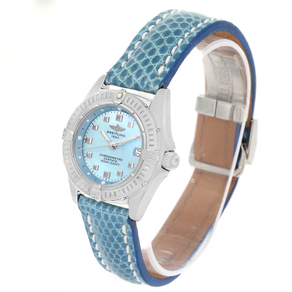 This image shows a Breitling A72345 Women
s Stainless Steel Mother of Pearl Dial A72345 Women
s Stainless Steel Mother of Pearl Dial Callisto A72345 watch with a blue mother-of-pearl dial and a blue leather strap, viewed at a slight angle.