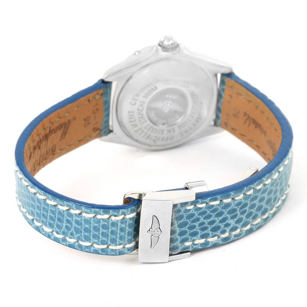 The image shows the back view of a Breitling A72345 Women
s Stainless Steel Mother of Pearl Dial A72345 Women
s Stainless Steel Mother of Pearl Dial Callisto Blue Mother of Pearl Dial Ladies Watch A72345, highlighting the clasp and strap.