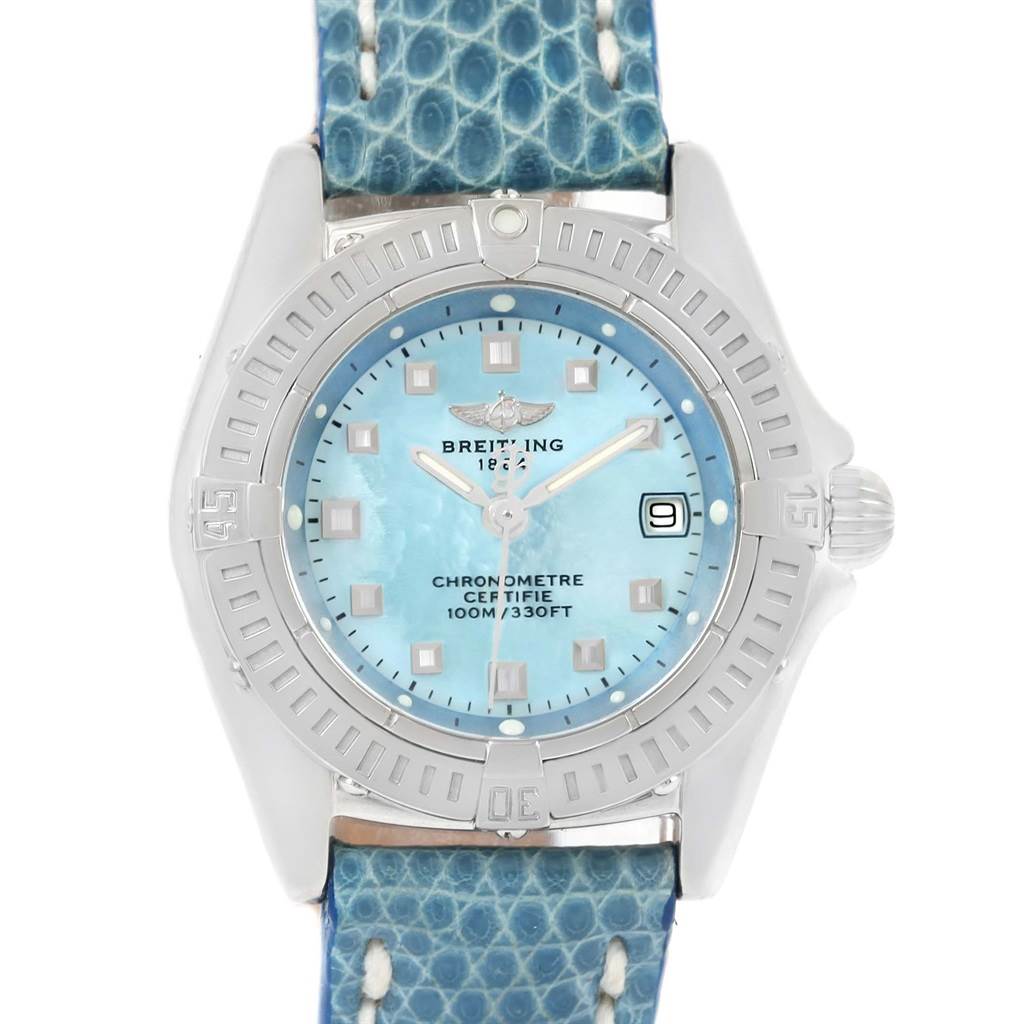 This is a front view of the Breitling A72345 Women
s Stainless Steel Mother of Pearl Dial A72345 Women
s Stainless Steel Mother of Pearl Dial Callisto Blue Mother of Pearl Dial Ladies Watch A72345 showing the dial, bezel, and strap.