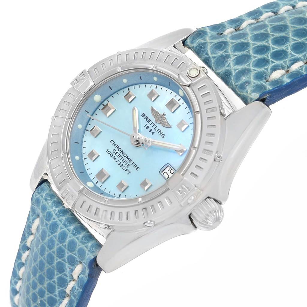 The image shows a close-up angled view of the Callisto Blue Mother of Pearl Dial Ladies Watch A72345 model by Breitling A72345 Women
s Stainless Steel Mother of Pearl Dial A72345 Women
s Stainless Steel Mother of Pearl Dial.