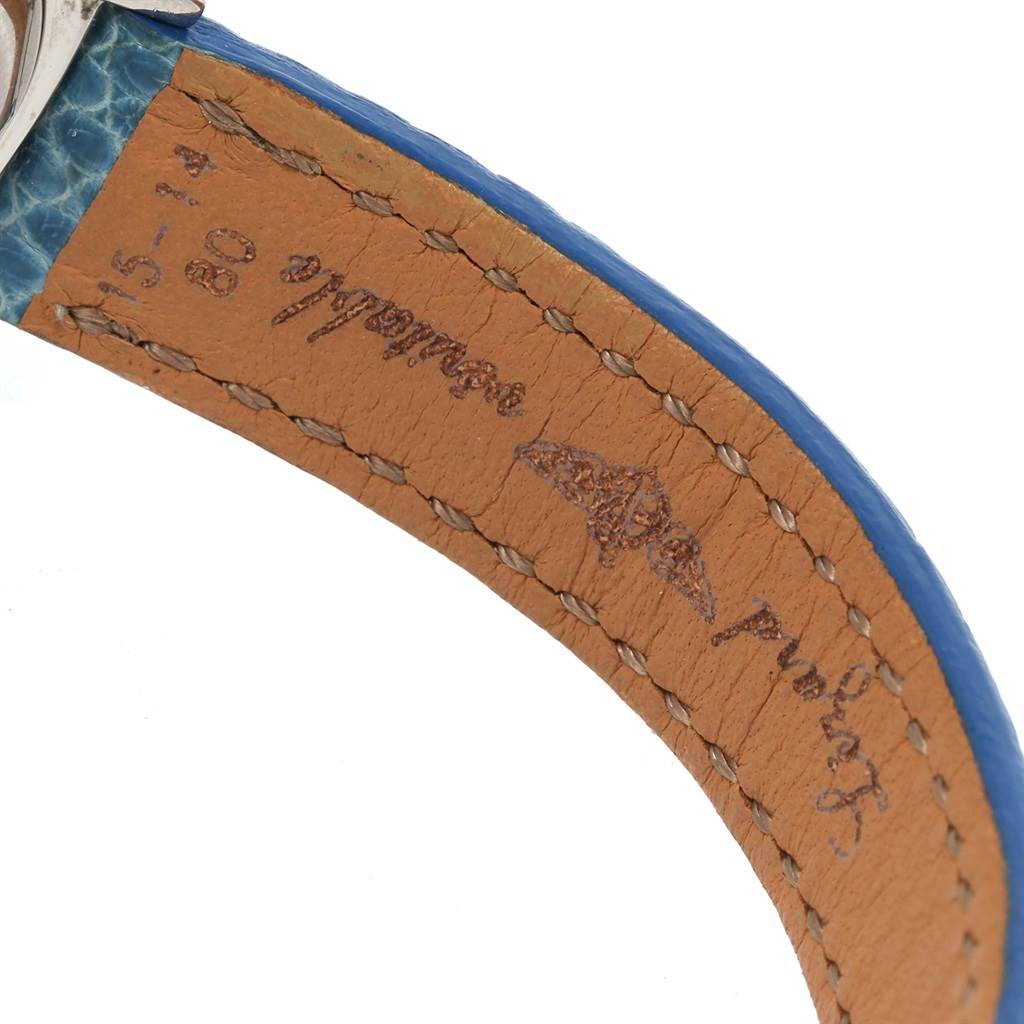 The image shows the inner side of the leather strap of the Breitling A72345 Women
s Stainless Steel Mother of Pearl Dial A72345 Women
s Stainless Steel Mother of Pearl Dial Callisto Blue Mother of Pearl Dial Ladies Watch A72345.
