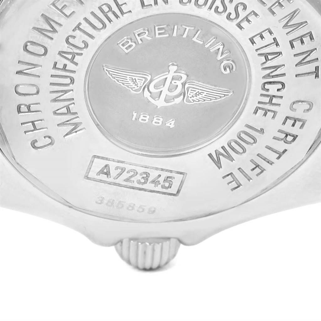 This image shows the back casing of the Breitling A72345 Women
s Stainless Steel Mother of Pearl Dial A72345 Women
s Stainless Steel Mother of Pearl Dial Callisto Blue Mother of Pearl Dial Ladies Watch A72345 model.