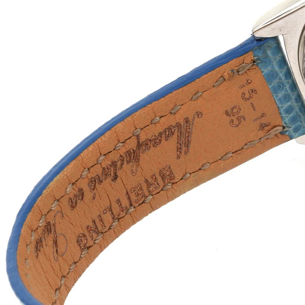 This image shows the inner leather side of the strap on a Breitling A72345 Women
s Stainless Steel Mother of Pearl Dial A72345 Women
s Stainless Steel Mother of Pearl Dial Callisto Blue Mother of Pearl Dial Ladies Watch A72345.