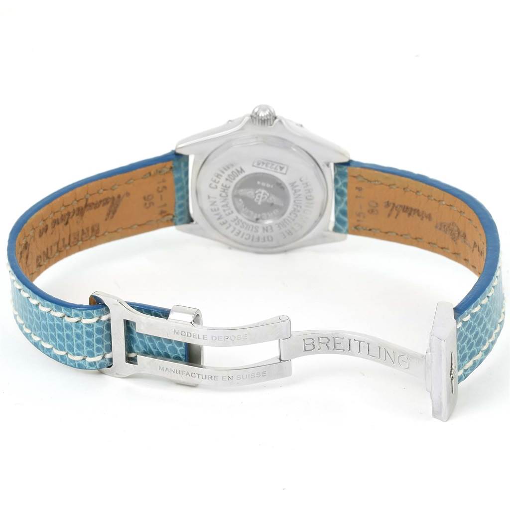 This image shows the back case and clasp of the Breitling A72345 Women
s Stainless Steel Mother of Pearl Dial A72345 Women
s Stainless Steel Mother of Pearl Dial Callisto Blue Mother of Pearl Dial Ladies Watch, model A72345.