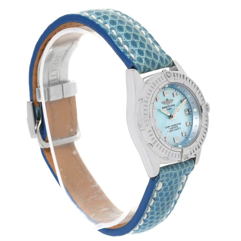 The image shows a Breitling A72345 Women
s Stainless Steel Mother of Pearl Dial A72345 Women
s Stainless Steel Mother of Pearl Dial Callisto Blue Mother of Pearl Dial Ladies Watch A72345 model at a three-quarter angle highlighting its dial and strap.