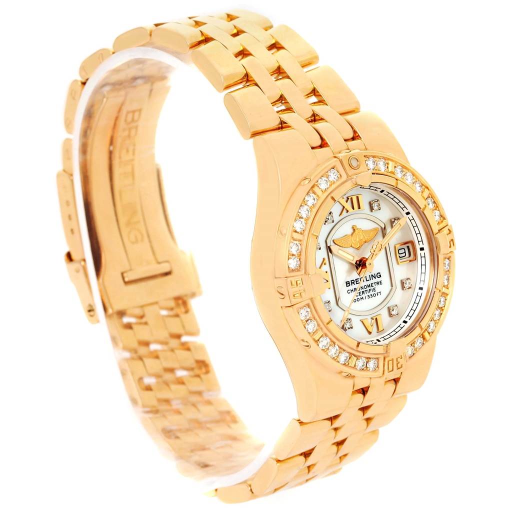 The image shows a Breitling H71340 Women's Rose Gold Mother of Pearl Dial H71340 Women's Rose Gold Mother of Pearl Dial Starliner 30 Mother of Pearl Diamond Watch H71340 from a three-quarter angle, highlighting the dial, bezel, and bracelet.