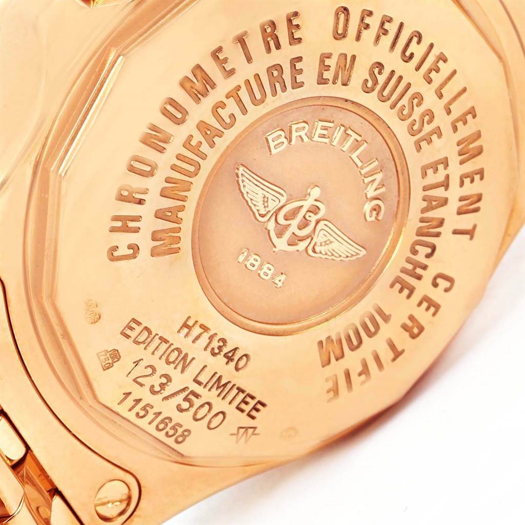 The image shows the case back of the Breitling H71340 Women's Rose Gold Mother of Pearl Dial H71340 Women's Rose Gold Mother of Pearl Dial Starliner 30 Mother of Pearl Diamond Watch H71340.