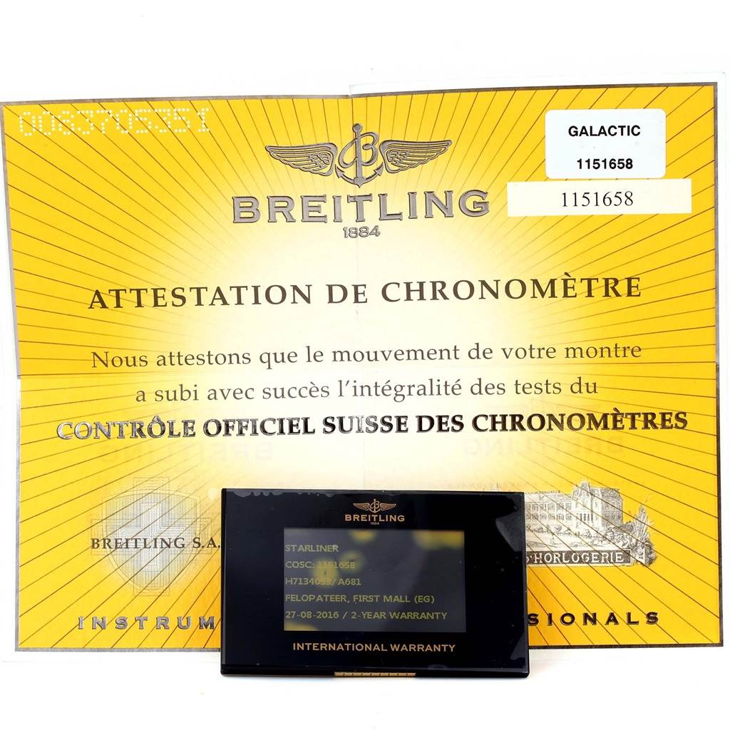 The image shows the certificate and international warranty card for the Breitling H71340 Women's Rose Gold Mother of Pearl Dial H71340 Women's Rose Gold Mother of Pearl Dial Starliner 30 Mother of Pearl Diamond Watch H71340.