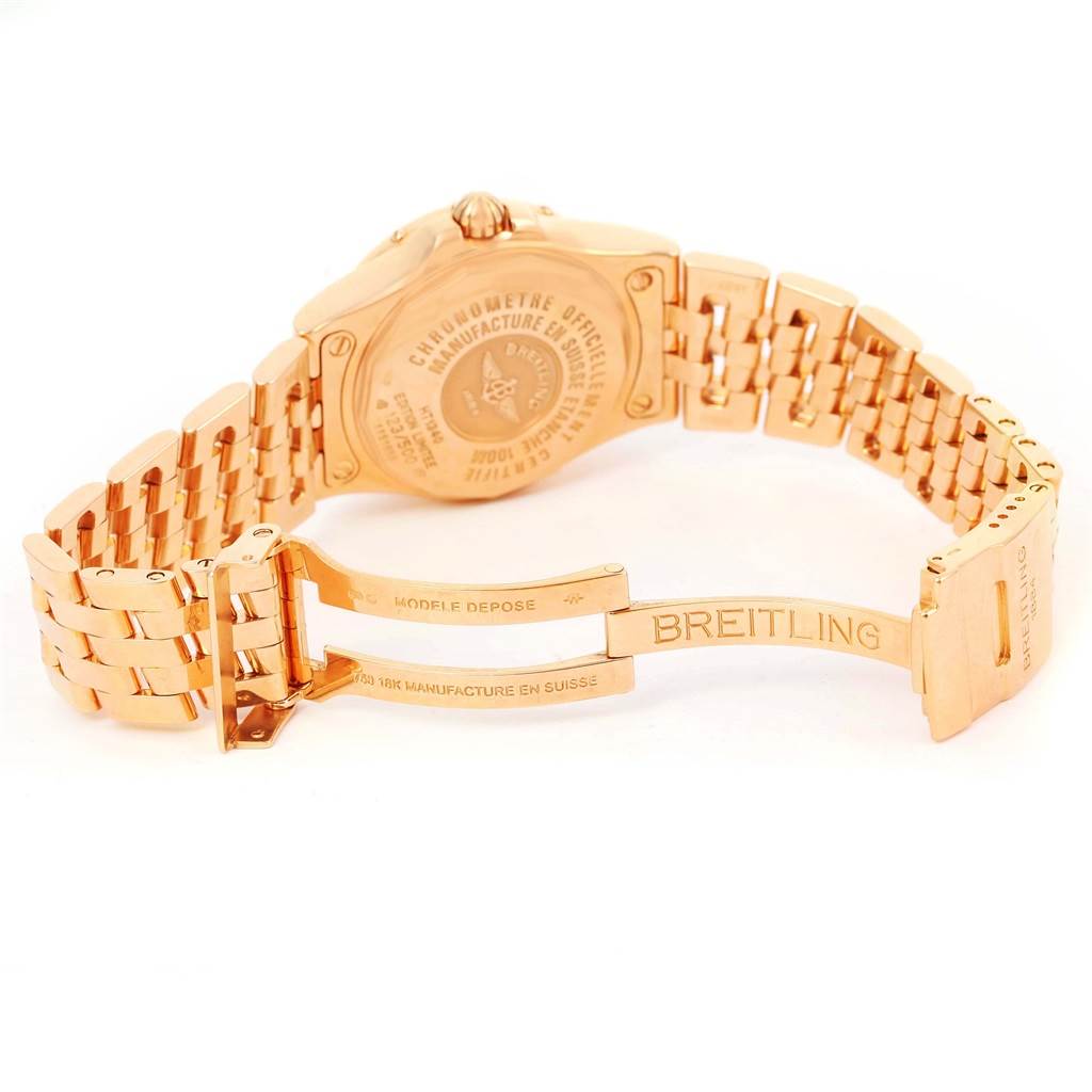 The image shows the back and partially opened bracelet of the Breitling H71340 Women's Rose Gold Mother of Pearl Dial H71340 Women's Rose Gold Mother of Pearl Dial Starliner 30 Mother of Pearl Diamond Watch H71340.