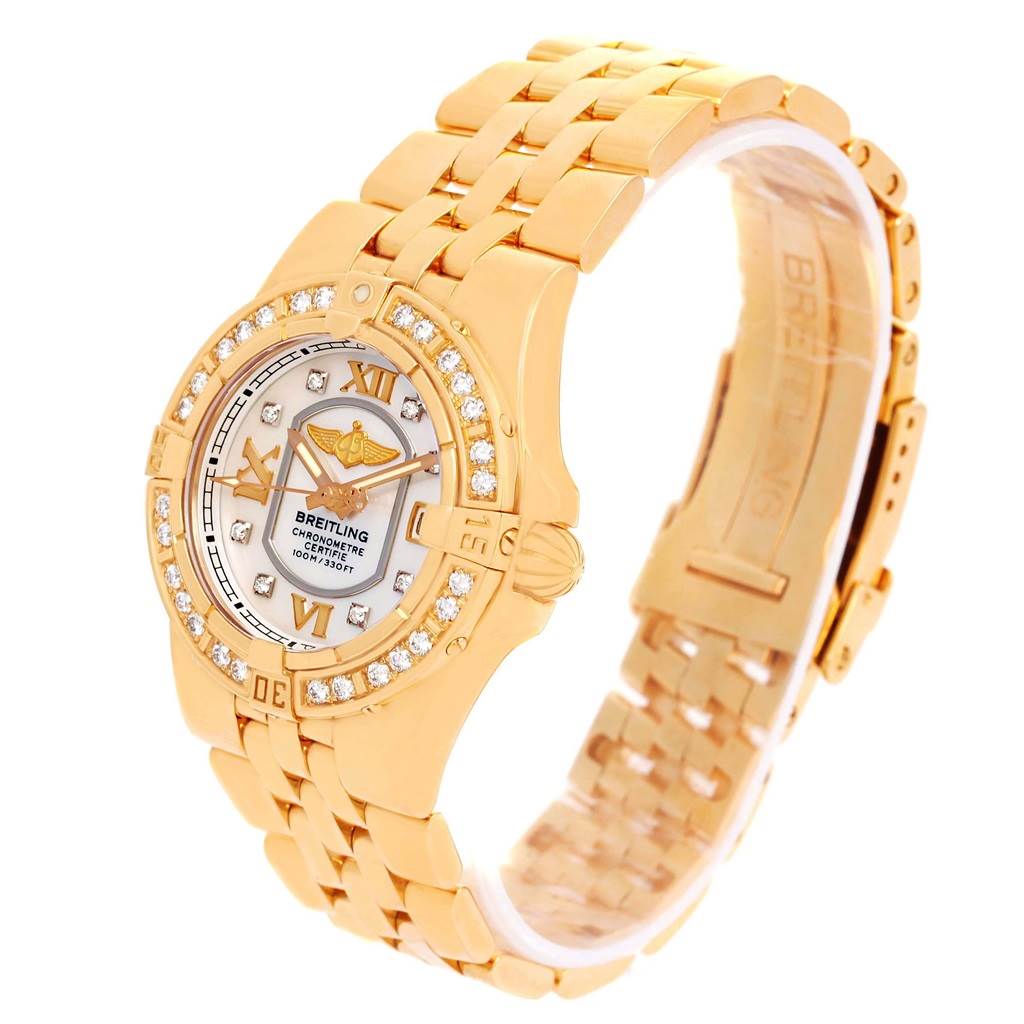 The image shows a side view of the Breitling H71340 Women's Rose Gold Mother of Pearl Dial H71340 Women's Rose Gold Mother of Pearl Dial Starliner 30 Mother of Pearl Diamond Watch H71340, highlighting the face, bezel, and strap.