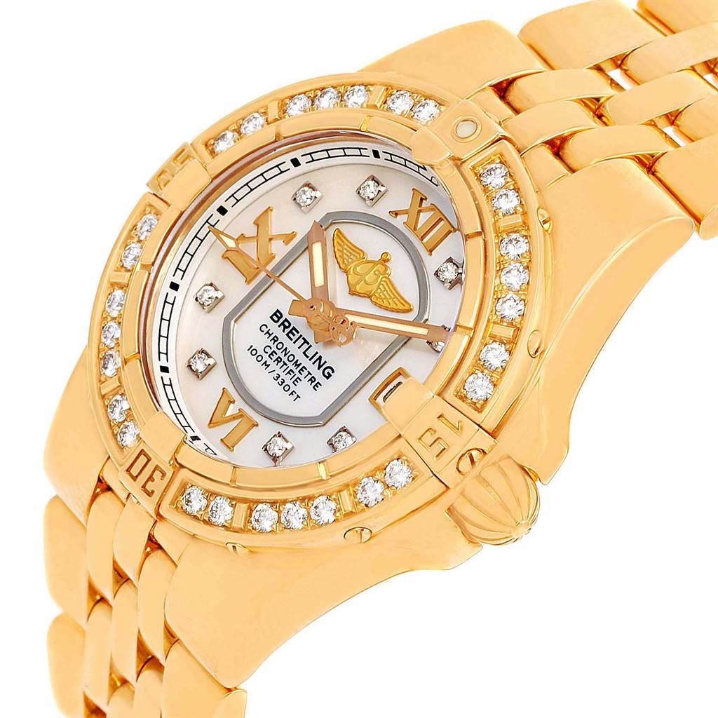 The image shows a close-up angle of the Breitling H71340 Women's Rose Gold Mother of Pearl Dial H71340 Women's Rose Gold Mother of Pearl Dial Starliner 30 Mother of Pearl Diamond Watch H71340, highlighting the dial, bezel, and bracelet.