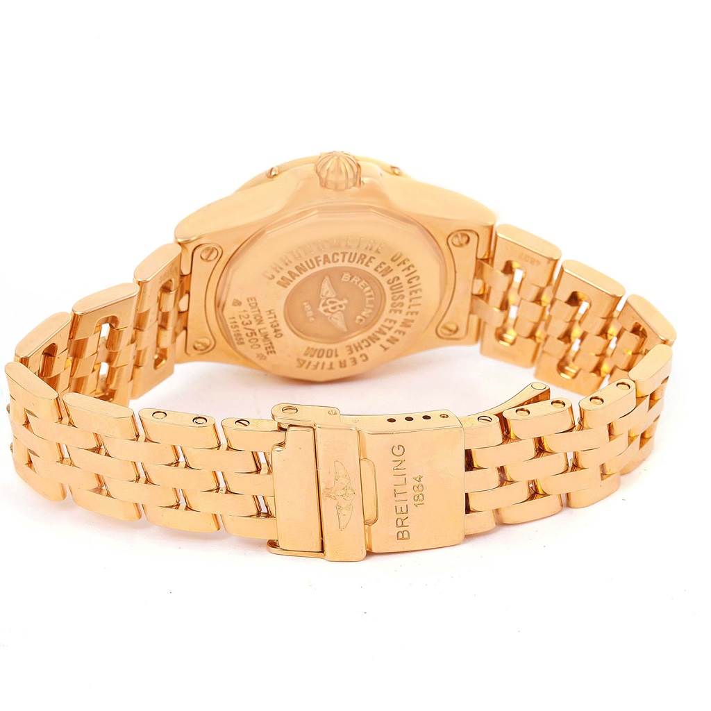 The image shows the back view and clasp of the Breitling H71340 Women's Rose Gold Mother of Pearl Dial H71340 Women's Rose Gold Mother of Pearl Dial Starliner 30 Mother of Pearl Diamond Watch H71340.