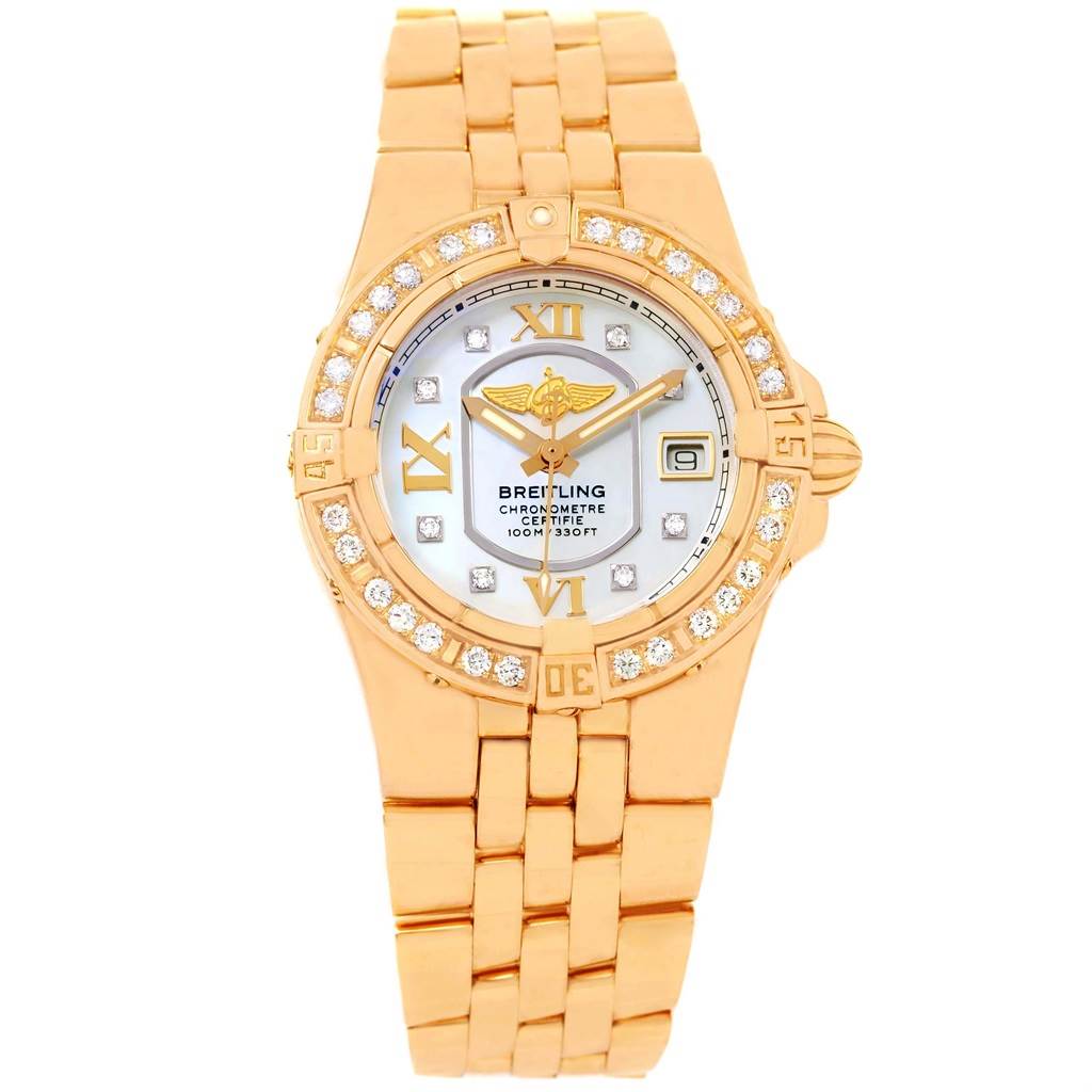 The Breitling H71340 Women's Rose Gold Mother of Pearl Dial H71340 Women's Rose Gold Mother of Pearl Dial Starliner 30 Mother of Pearl Diamond Watch H71340 is shown from a front angle, displaying its face and gold bracelet.