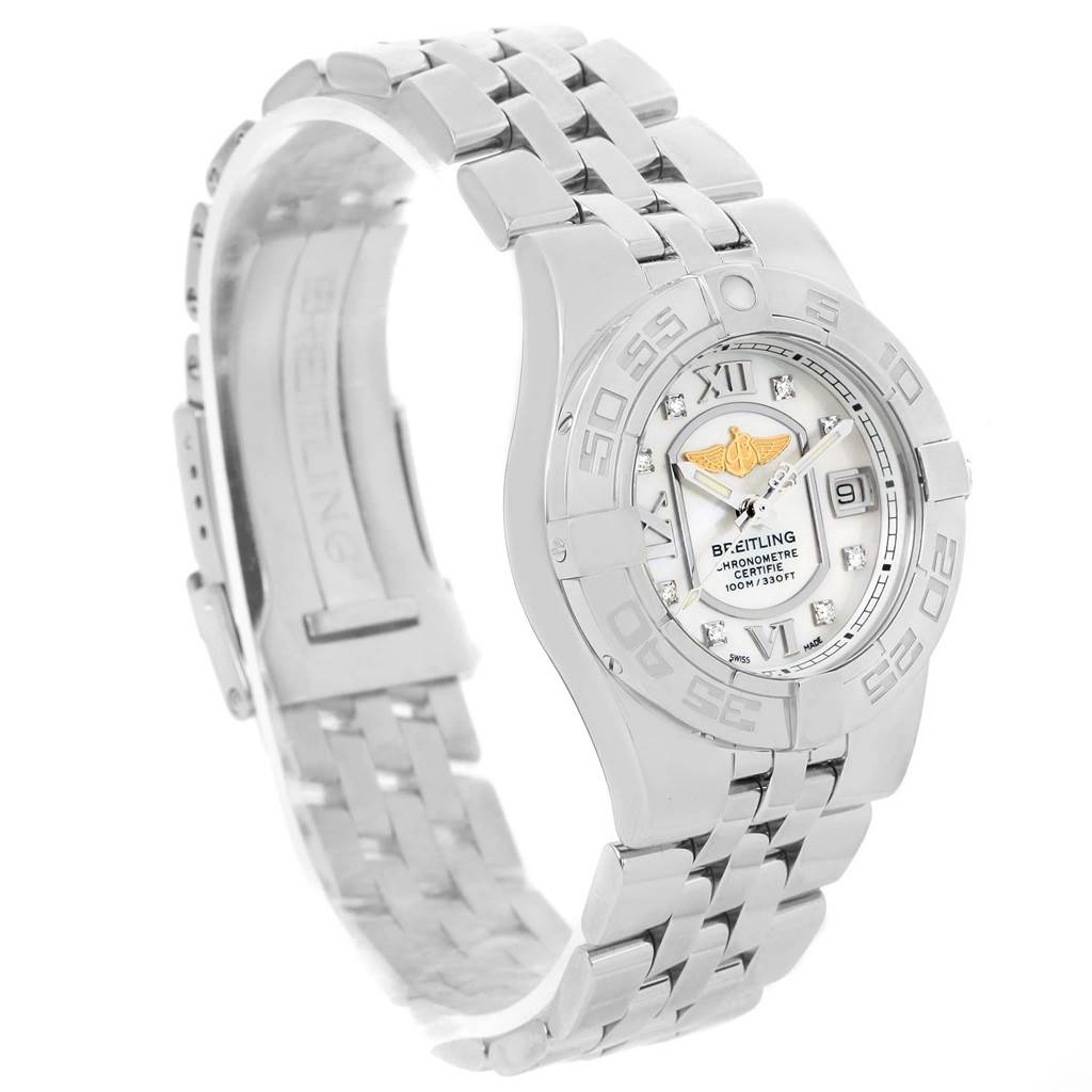 The angle shows a Breitling A71340 Women's Stainless Steel Mother of Pearl Dial A71340 Women's Stainless Steel Mother of Pearl Dial Starliner Mother of Pearl Diamond Dial Ladies Watch A71340 model from a slightly tilted side view, emphasizing the dial and bracelet.