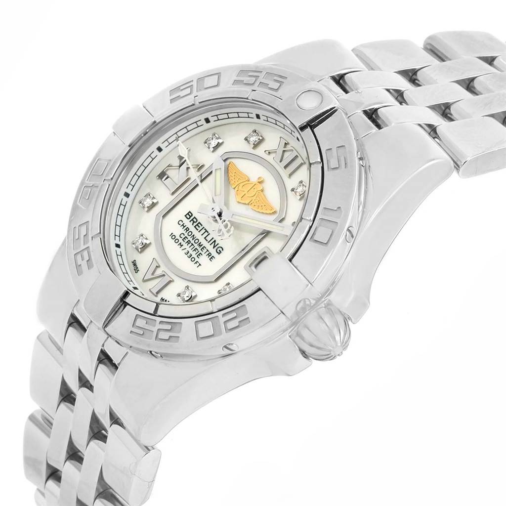 The Breitling A71340 Women's Stainless Steel Mother of Pearl Dial A71340 Women's Stainless Steel Mother of Pearl Dial Starliner A71340 watch is shown at an oblique angle, displaying the dial, bezel, crown, and part of the bracelet.