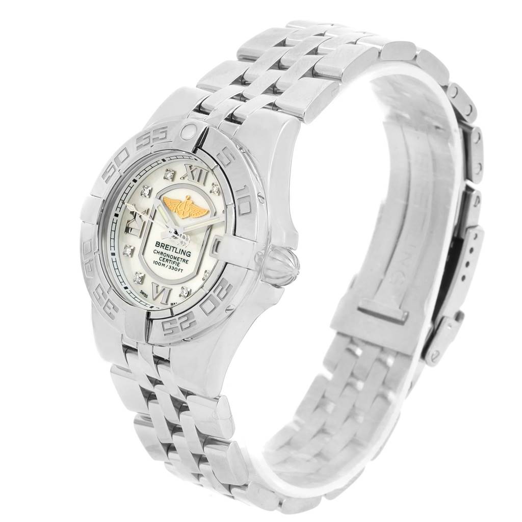 This image shows a Breitling A71340 Women's Stainless Steel Mother of Pearl Dial A71340 Women's Stainless Steel Mother of Pearl Dial Starliner Mother of Pearl Diamond Dial Ladies Watch A71340 from a right front angle.