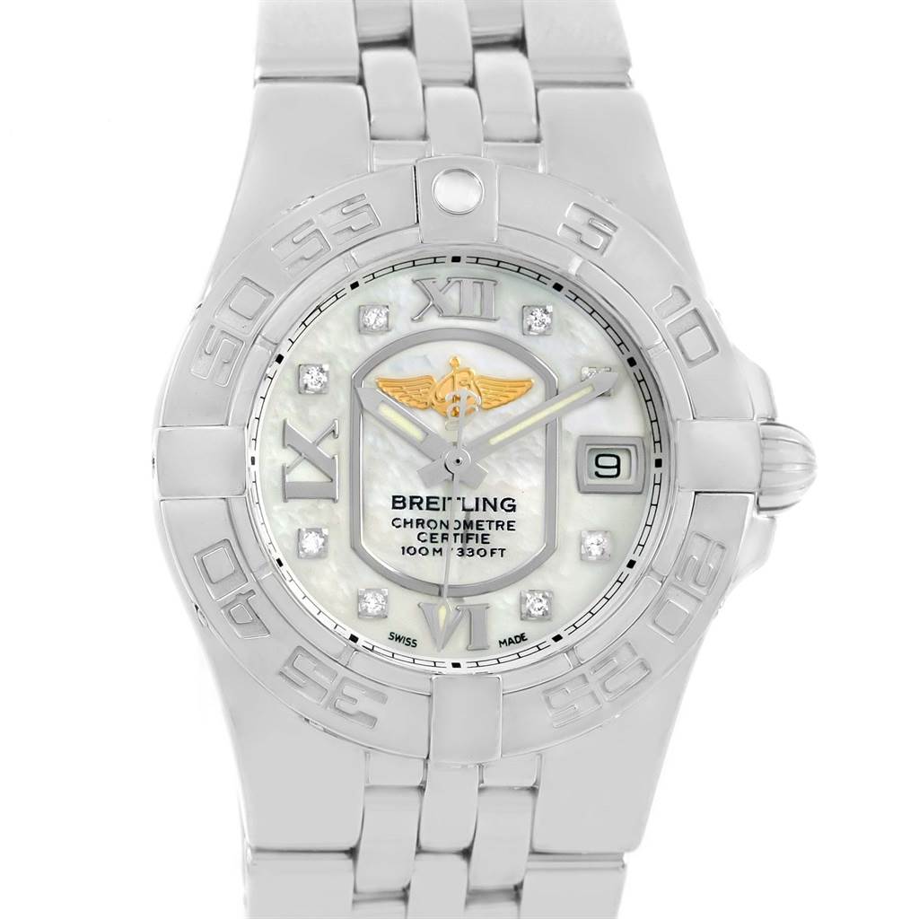 The image shows a front view of the Breitling A71340 Women's Stainless Steel Mother of Pearl Dial A71340 Women's Stainless Steel Mother of Pearl Dial Starliner Mother of Pearl Diamond Dial Ladies Watch A71340, detailing its bezel, dial, and bracelet.