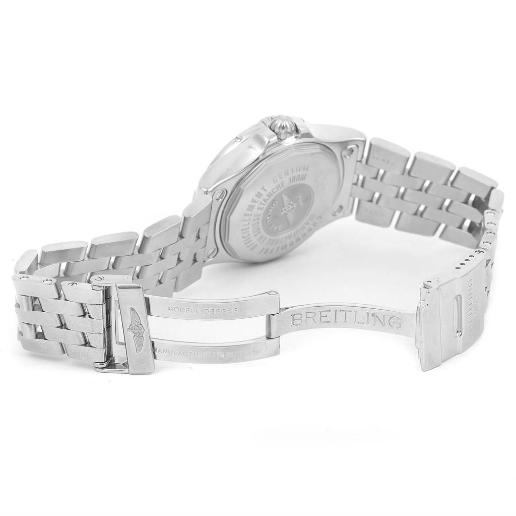 The image shows the back and clasp of the Breitling A71340 Women's Stainless Steel Mother of Pearl Dial A71340 Women's Stainless Steel Mother of Pearl Dial Starliner Mother of Pearl Diamond Dial Ladies Watch A71340.
