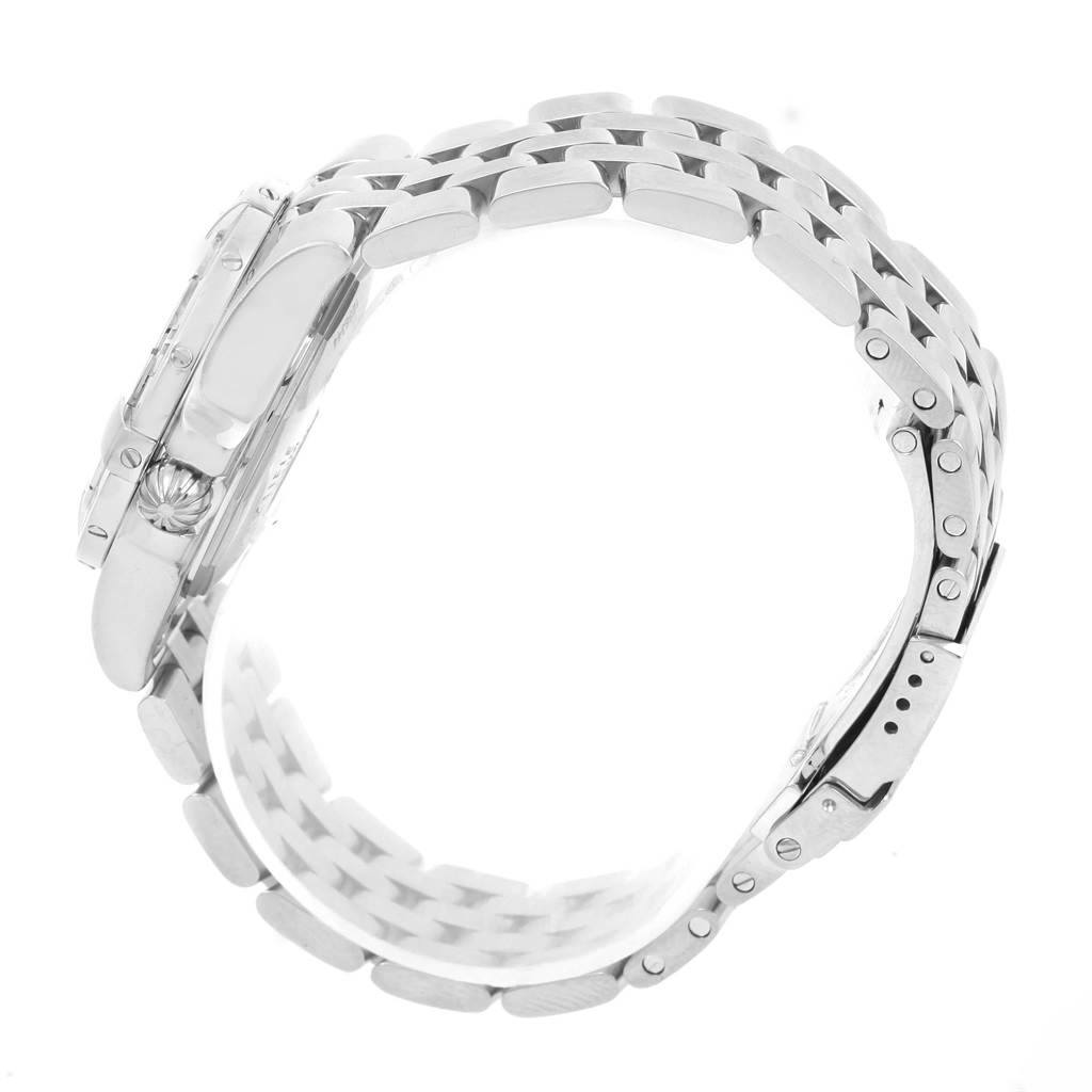 The image shows a Breitling A71340 Women's Stainless Steel Mother of Pearl Dial A71340 Women's Stainless Steel Mother of Pearl Dial Starliner Mother of Pearl Diamond Dial Ladies Watch A71340 from the side, highlighting its bracelet, clasp, and crown.