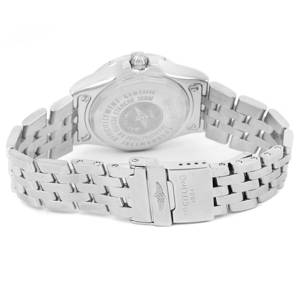 The image shows the back and bracelet clasp of the Breitling A71340 Women's Stainless Steel Mother of Pearl Dial A71340 Women's Stainless Steel Mother of Pearl Dial Starliner Mother of Pearl Diamond Dial Ladies Watch A71340.