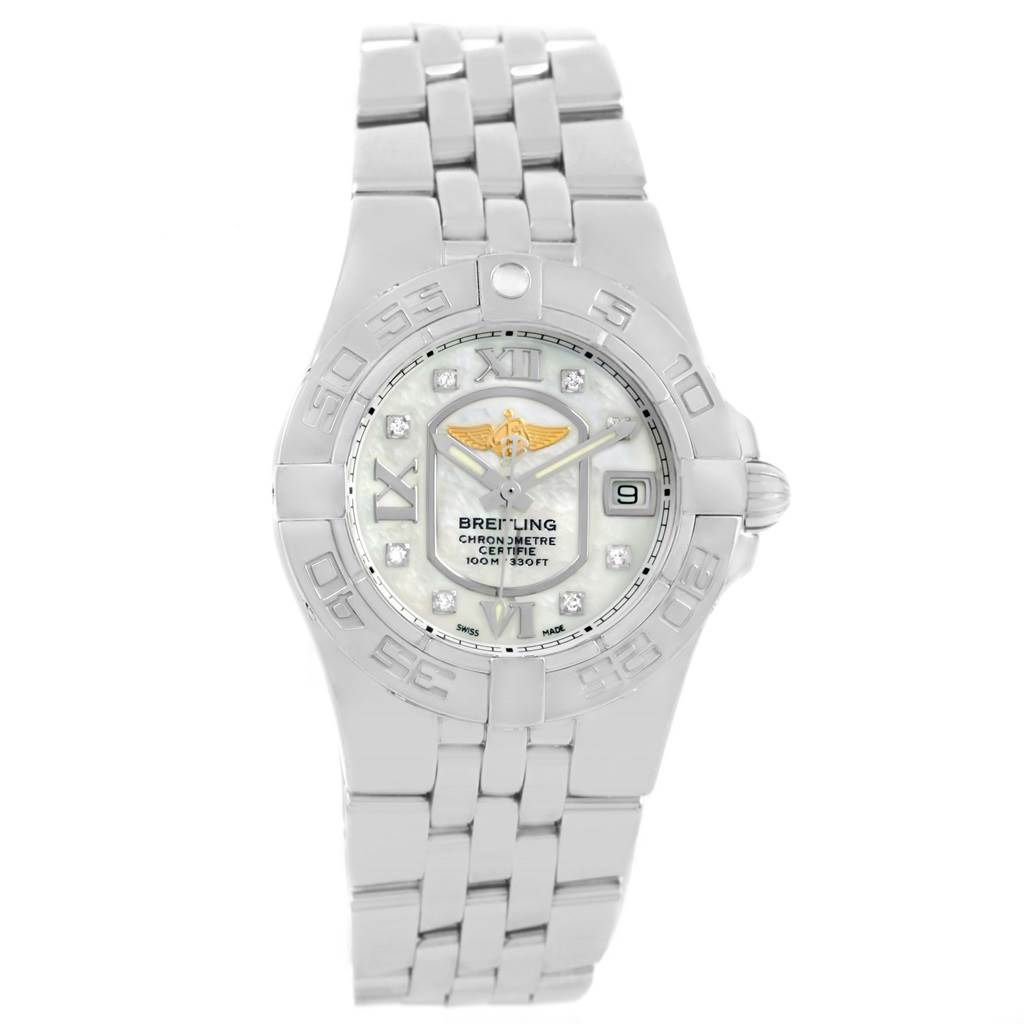 The image shows a front view of the Breitling A71340 Women's Stainless Steel Mother of Pearl Dial A71340 Women's Stainless Steel Mother of Pearl Dial Starliner Mother of Pearl Diamond Dial Ladies Watch A71340, displaying its face and bracelet.