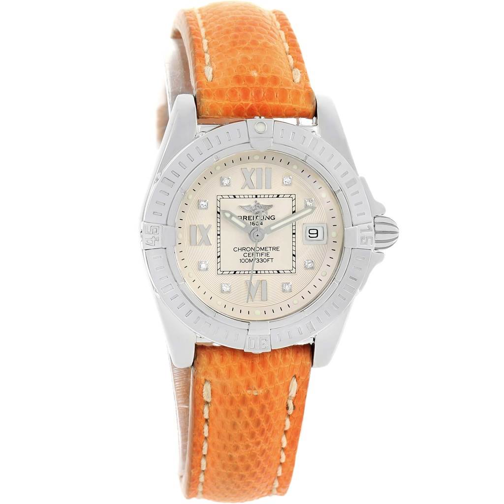 The Breitling A71356 Women's Stainless Steel Silver Dial A71356 Women's Stainless Steel Silver Dial Windrider Cockpit A71356 watch is shown from a front angle, showcasing its diamond dial and brown strap.