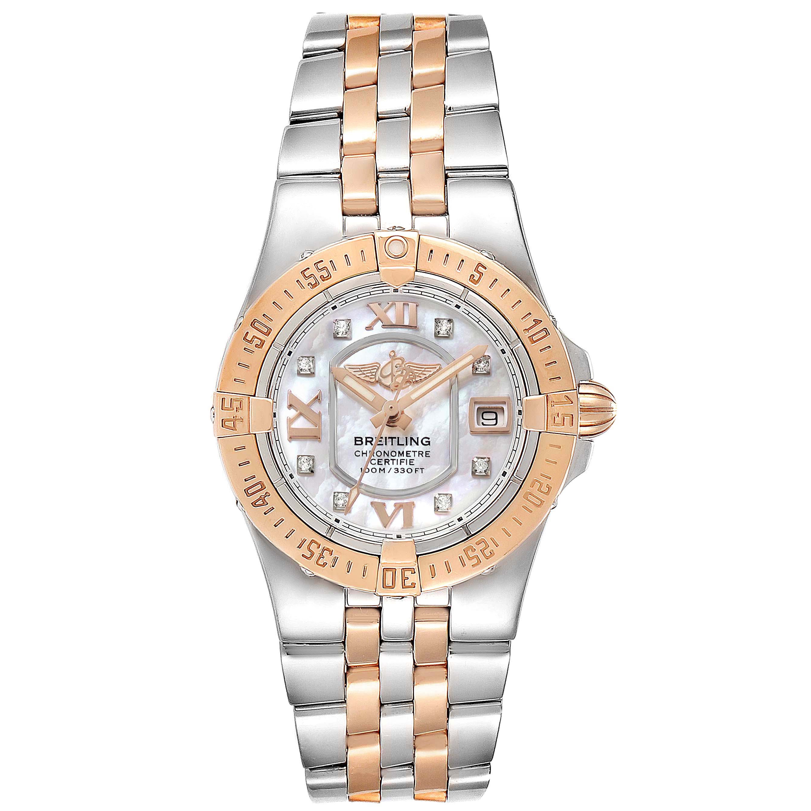 The image shows a front view of the Breitling C71340 Women's Steel and Gold (two tone) Mother of Pearl Dial C71340 Women's Steel and Gold (two tone) Mother of Pearl Dial Galactic 30 Steel Rose Gold Diamond Dial Women's Watch C71340.