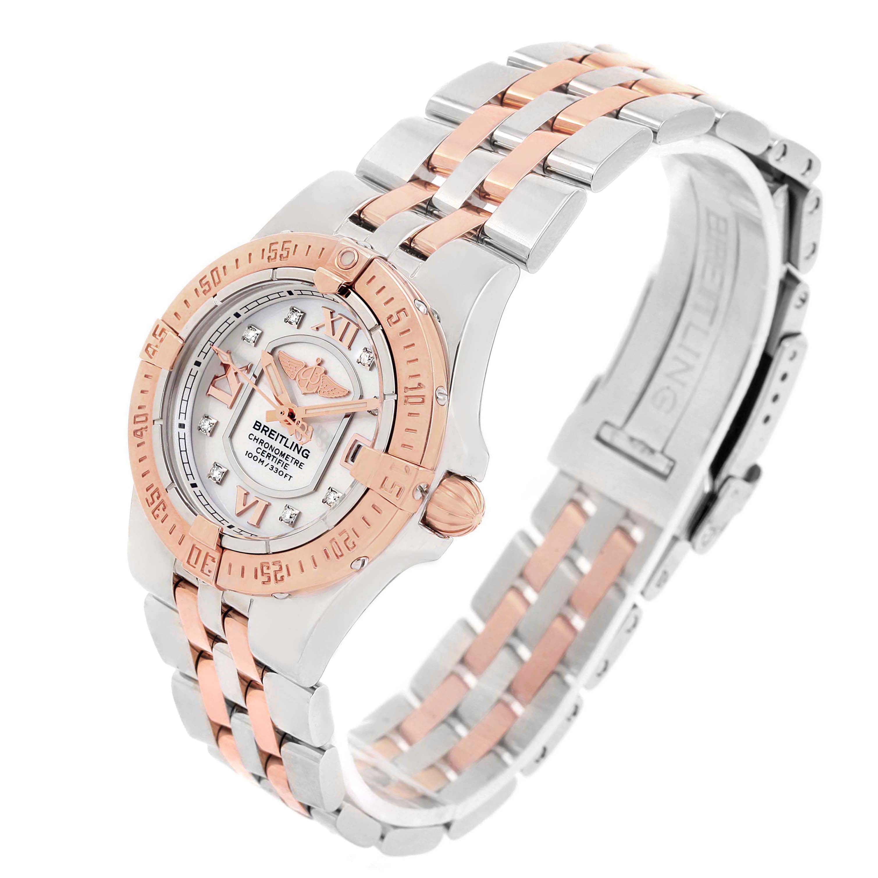 The Breitling C71340 Women's Steel and Gold (two tone) Mother of Pearl Dial C71340 Women's Steel and Gold (two tone) Mother of Pearl Dial Galactic 30 Steel Rose Gold Diamond Dial Womens Watch C71340 is shown at a three-quarter angle, highlighting the face and bracelet.
