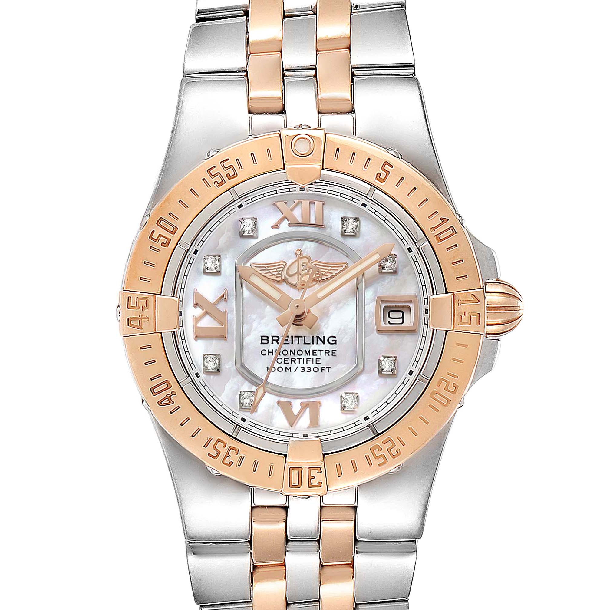 The image shows a front view of the Breitling C71340 Women's Steel and Gold (two tone) Mother of Pearl Dial C71340 Women's Steel and Gold (two tone) Mother of Pearl Dial Galactic 30 Steel Rose Gold Diamond Dial Womens Watch C71340 model.