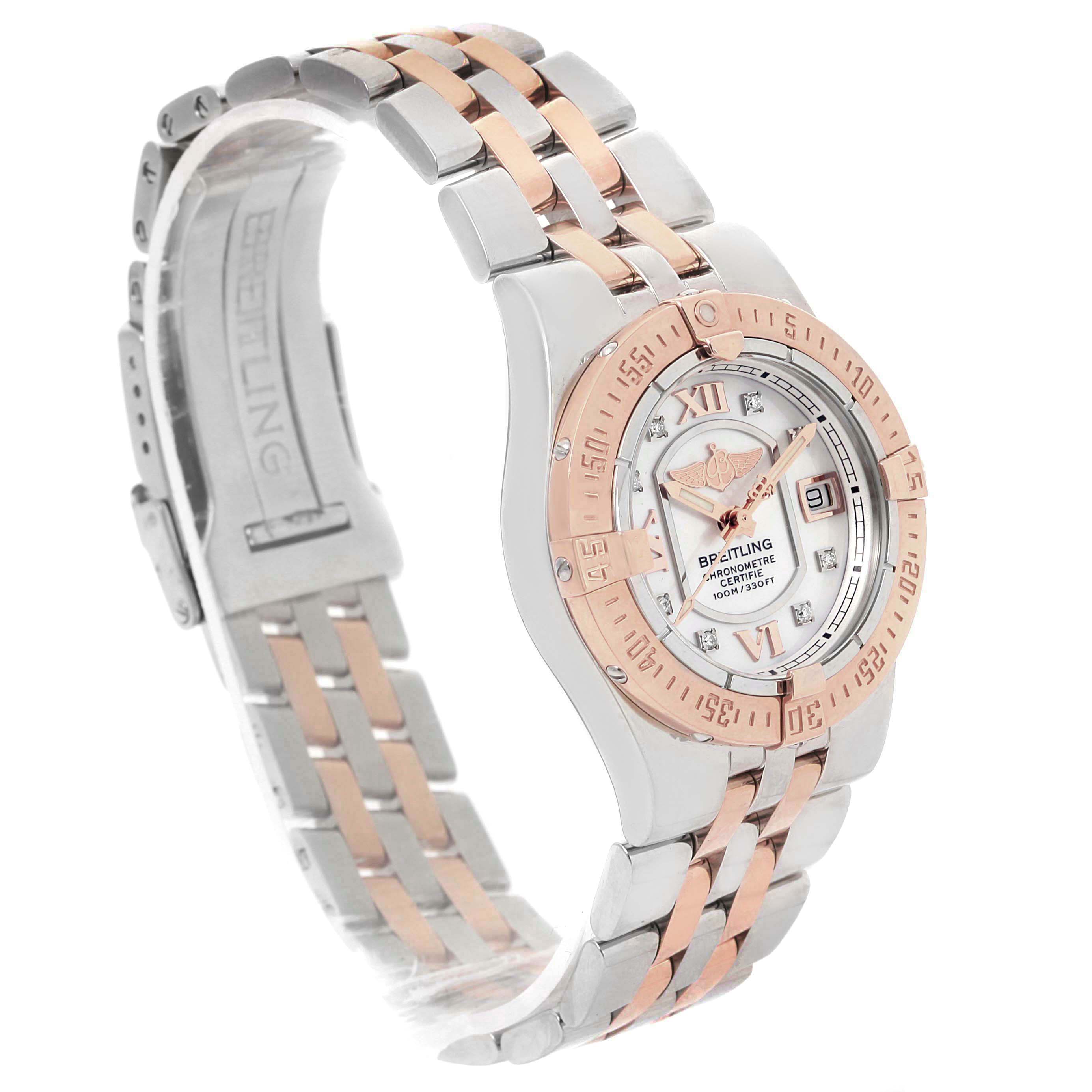 The image shows a side view of the Breitling C71340 Women's Steel and Gold (two tone) Mother of Pearl Dial C71340 Women's Steel and Gold (two tone) Mother of Pearl Dial Galactic 30 Steel Rose Gold Diamond Dial Women's Watch C71340, highlighting the bracelet and face.