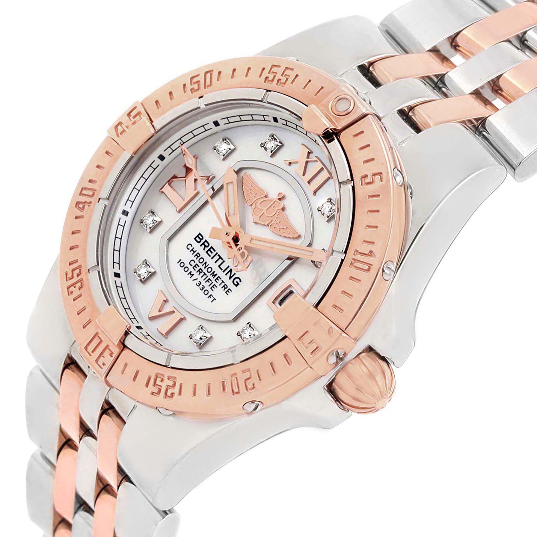 The image shows a close-up angled view of the Breitling C71340 Women's Steel and Gold (two tone) Mother of Pearl Dial C71340 Women's Steel and Gold (two tone) Mother of Pearl Dial Galactic 30 Steel Rose Gold Diamond Dial C71340 women's watch, highlighting its dial and bracelet.