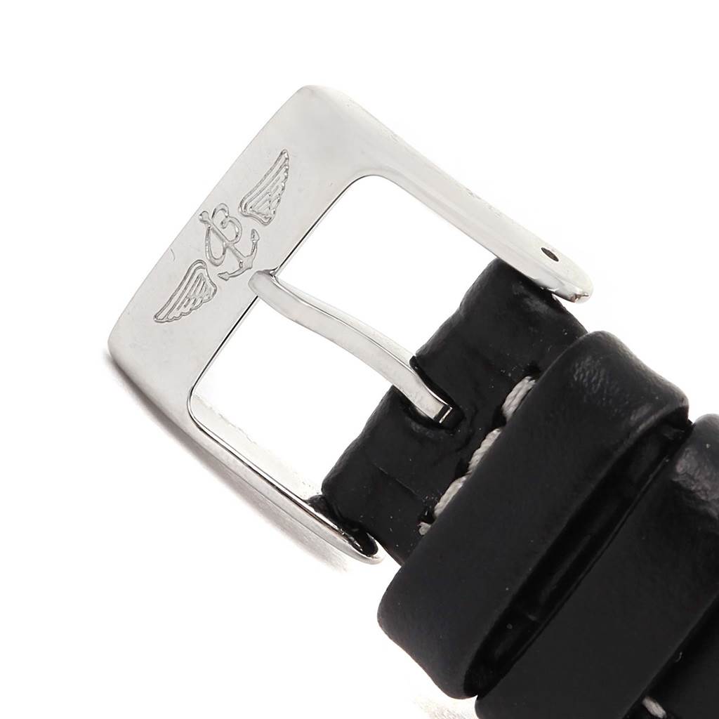 The image shows the buckle and leather strap of a Breitling A71356 Women's Stainless Steel Black Dial A71356 Women's Stainless Steel Black Dial Windrider Cockpit Black Diamond Dial Ladies Watch A71356.