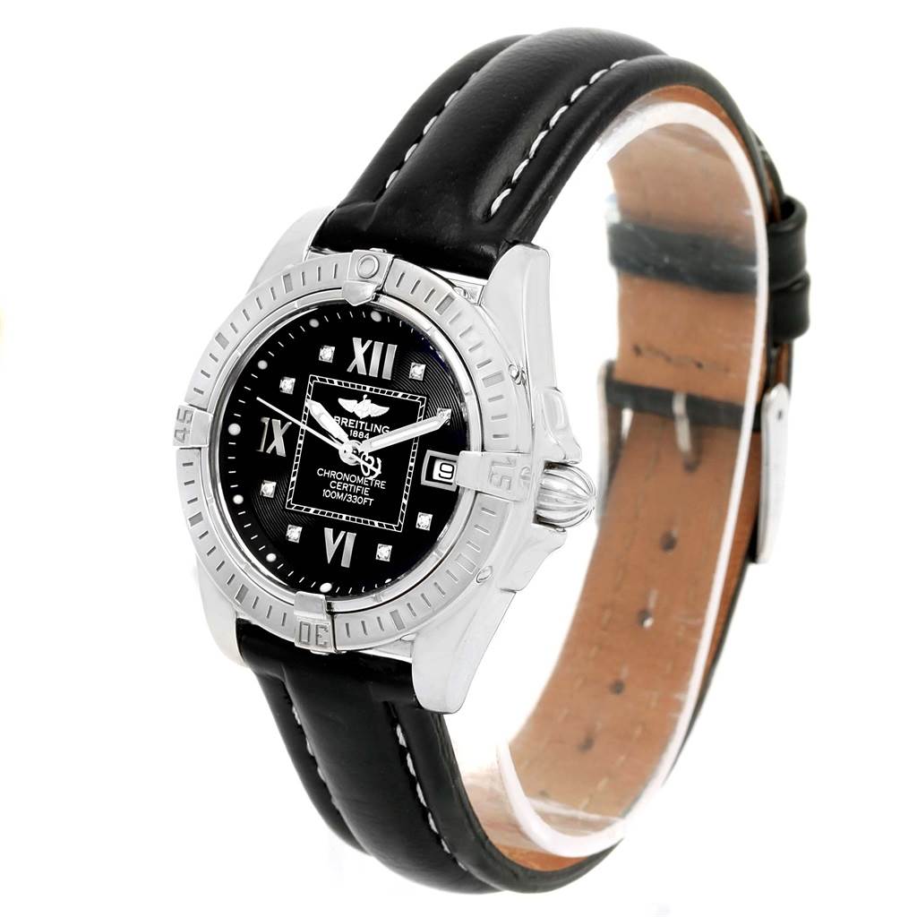 The Breitling A71356 Women's Stainless Steel Black Dial A71356 Women's Stainless Steel Black Dial Windrider Cockpit A71356 watch is shown at a slight angle, highlighting the black diamond dial, bezel, and leather strap.