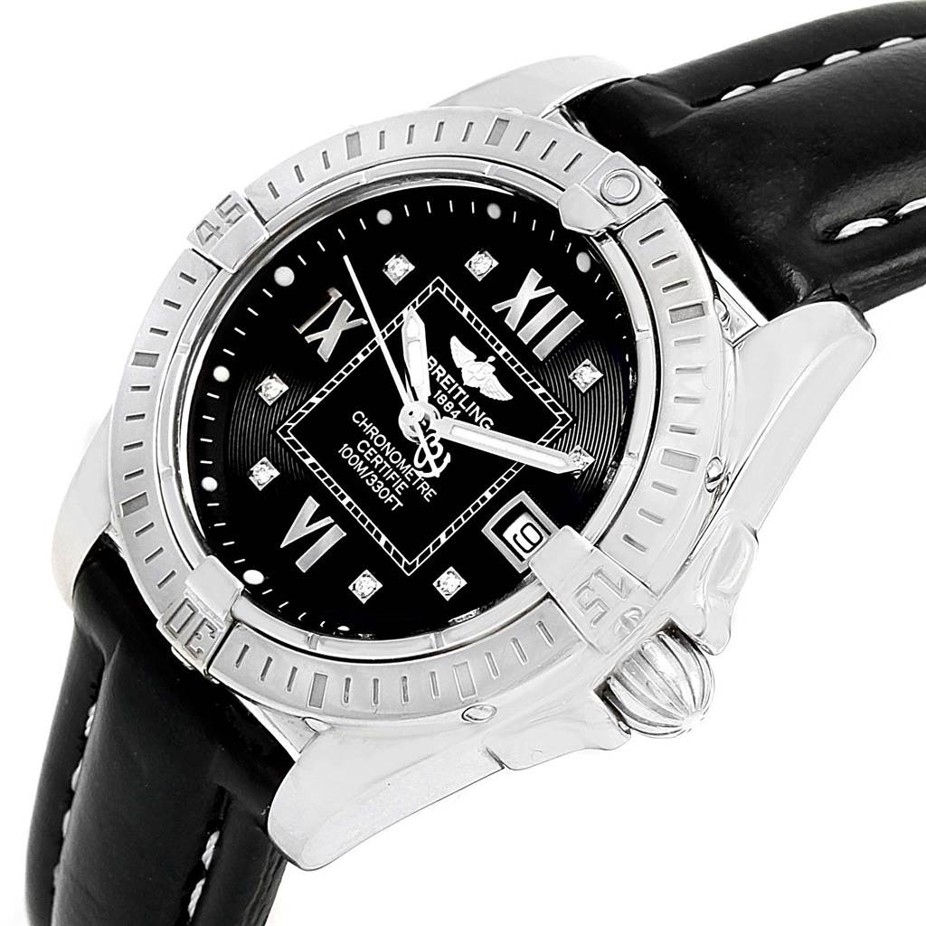 This image shows a top-down angle of the Breitling A71356 Women's Stainless Steel Black Dial A71356 Women's Stainless Steel Black Dial Windrider Cockpit Black Diamond Dial Ladies Watch A71356.