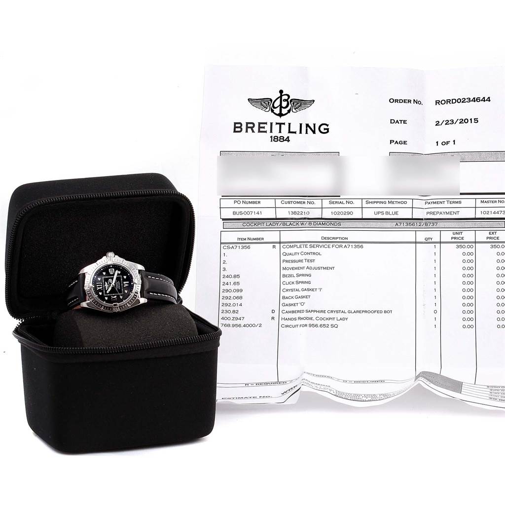 The image shows a Breitling A71356 Women's Stainless Steel Black Dial A71356 Women's Stainless Steel Black Dial Windrider Cockpit Black Diamond Dial Ladies Watch A71356 in a black case, alongside paperwork.