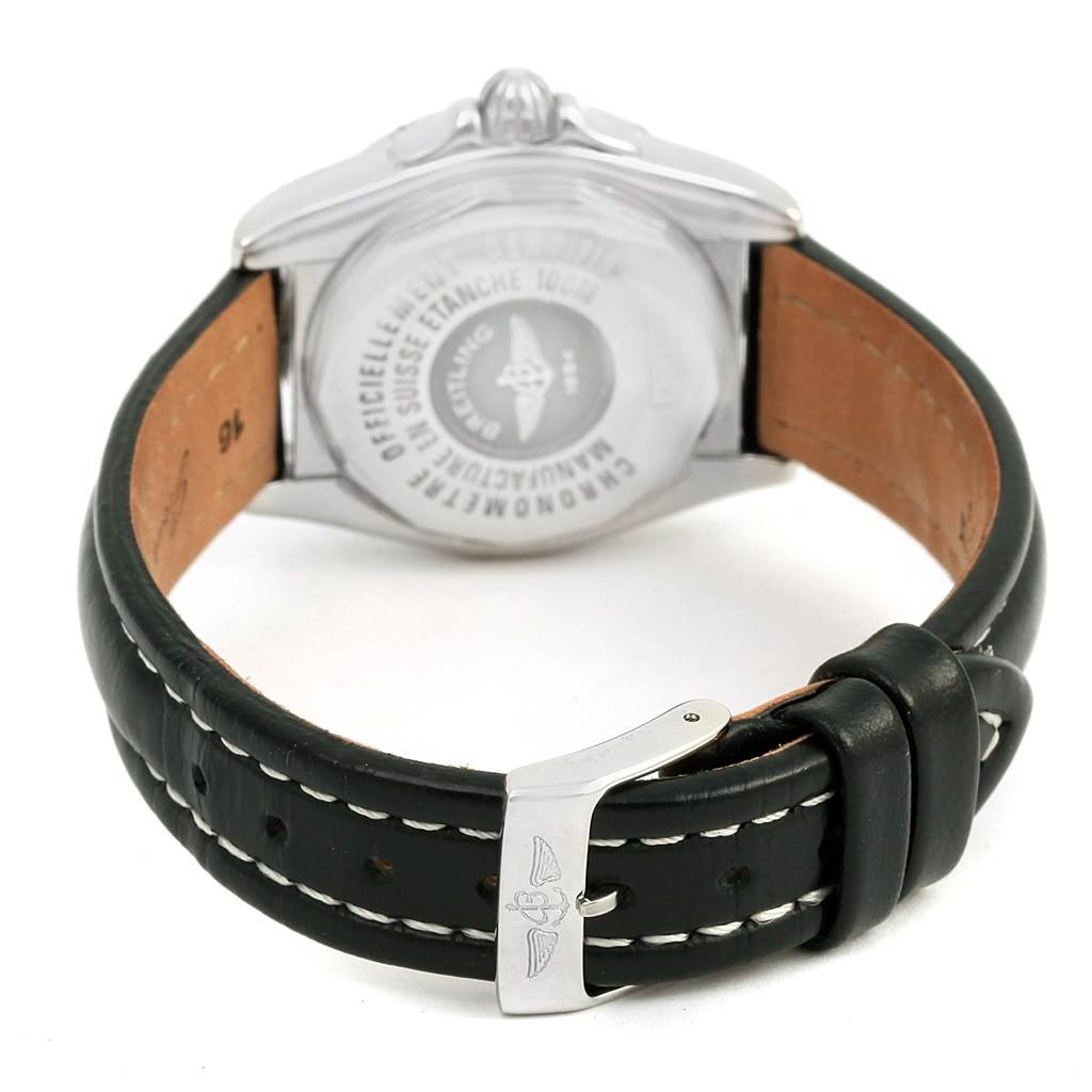 The image shows the back case and black leather strap with stitching of the Breitling A71356 Women's Stainless Steel Black Dial A71356 Women's Stainless Steel Black Dial Windrider Cockpit Black Diamond Dial Ladies Watch A71356.
