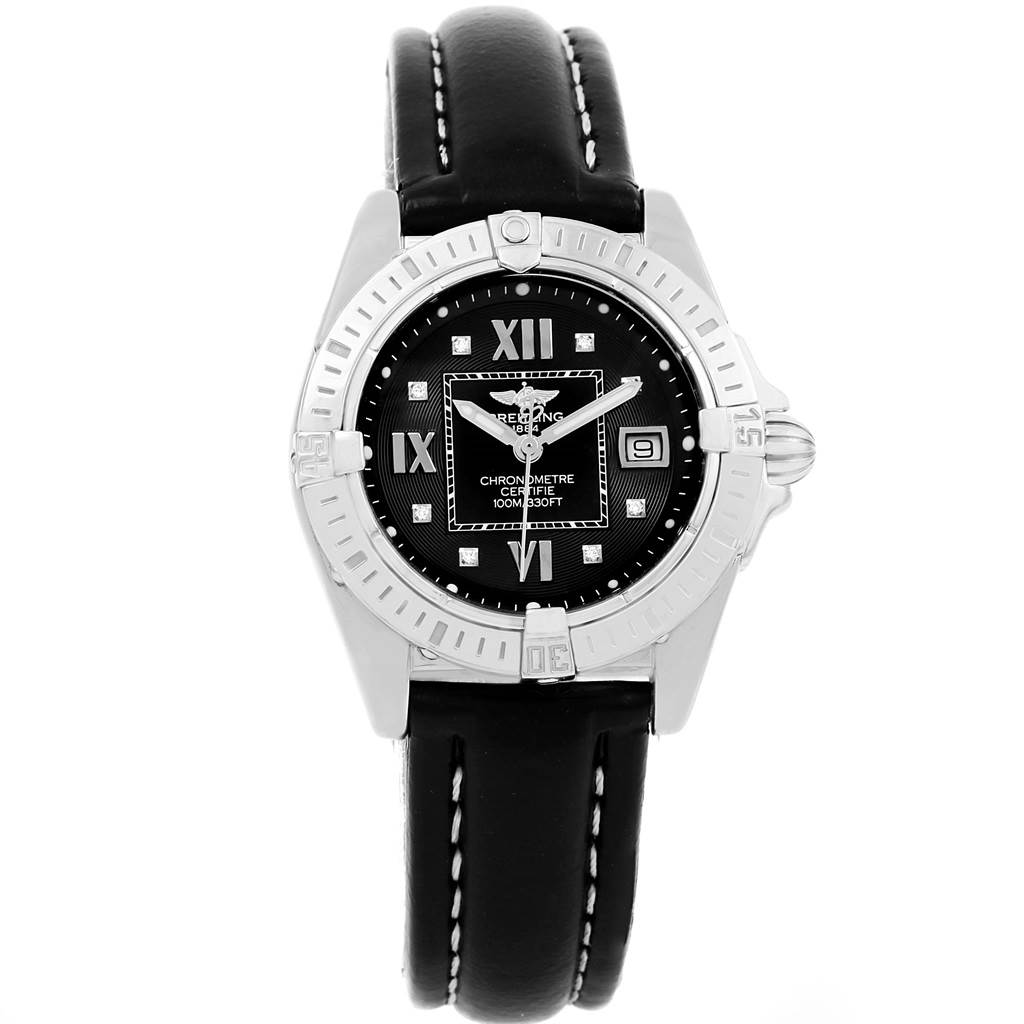 The Breitling A71356 Women's Stainless Steel Black Dial A71356 Women's Stainless Steel Black Dial Windrider Cockpit Black Diamond Dial Ladies Watch A71356 is shown from a front angle, displaying the entire face and leather band.