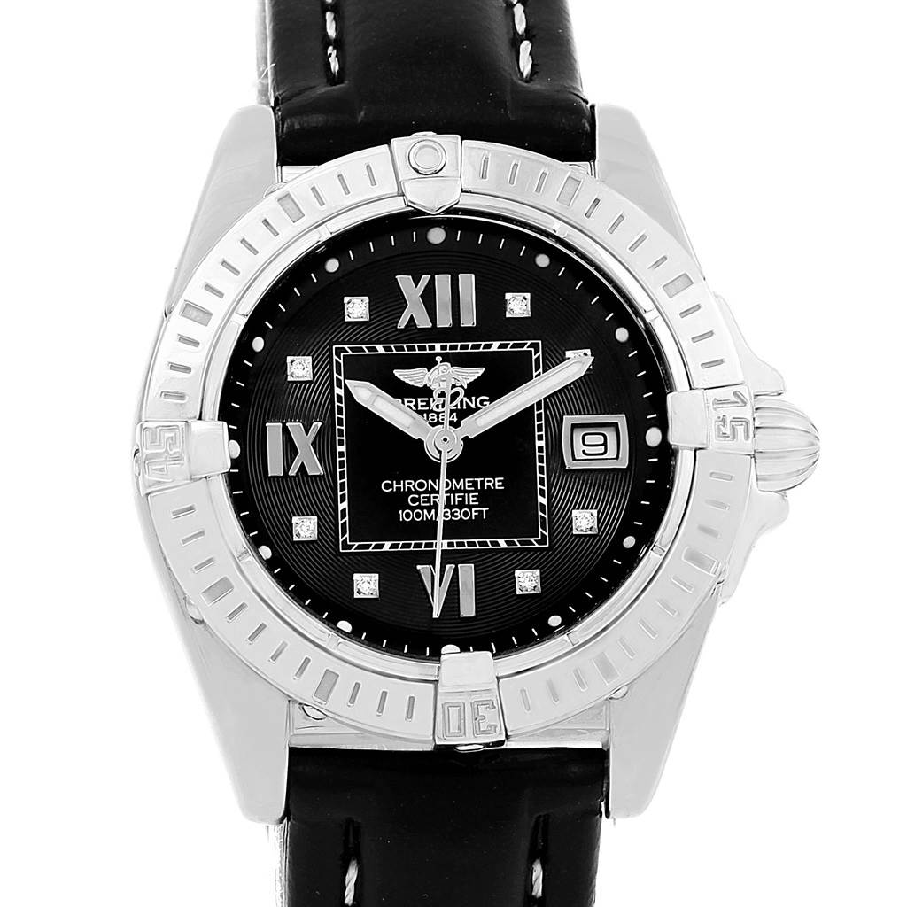 The Breitling A71356 Women's Stainless Steel Black Dial A71356 Women's Stainless Steel Black Dial Windrider Cockpit A71356 model watch is shown from the top, displaying the black diamond dial and bezel.