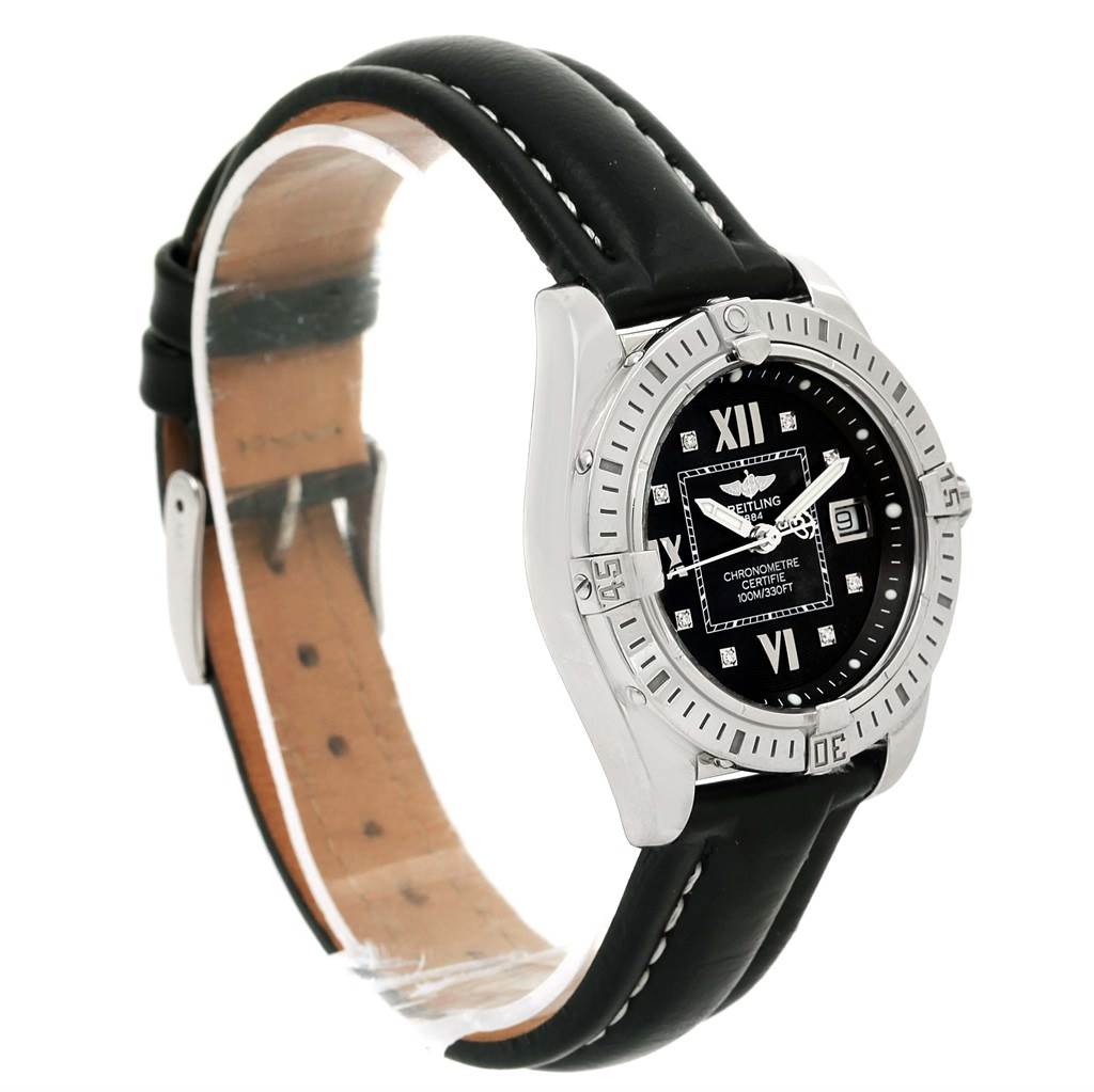 The Breitling A71356 Women's Stainless Steel Black Dial A71356 Women's Stainless Steel Black Dial Windrider Cockpit Ladies Watch A71356 is shown at a right-side angle, highlighting its black diamond dial and leather strap.