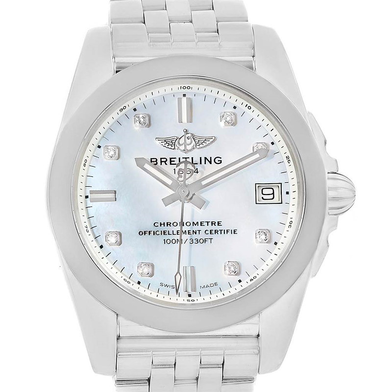 Breitling Galactic 36 SleekT Steel MOP Diamond Dial Watch W74330 SwissWatchExpo