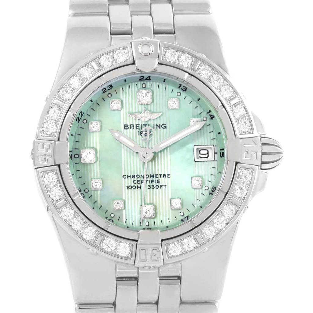 The image shows a front view of the Breitling A71340 Women's Stainless Steel Mother of Pearl Dial A71340 Women's Stainless Steel Mother of Pearl Dial Starliner Green Mother of Pearl Diamond Ladies Watch A71340, highlighting its dial, bezel, and bracelet.