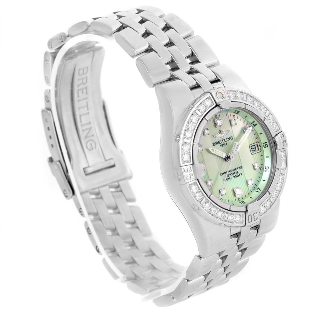 The Starliner Green Mother of Pearl Diamond Ladies Watch A71340 by Breitling A71340 Women's Stainless Steel Mother of Pearl Dial A71340 Women's Stainless Steel Mother of Pearl Dial is shown at a 3/4 angle, highlighting the face, bracelet, and clasp.