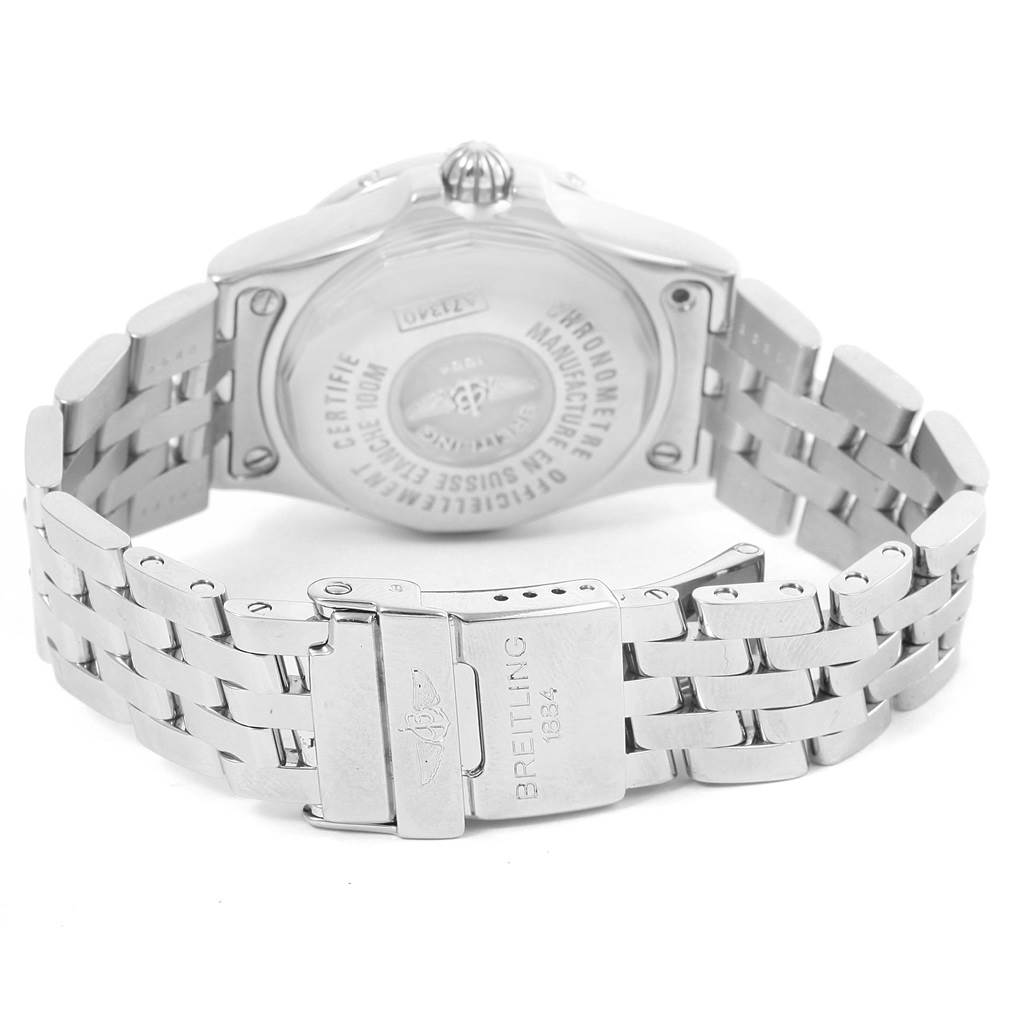The image shows the back and clasp of the Breitling A71340 Women's Stainless Steel Mother of Pearl Dial A71340 Women's Stainless Steel Mother of Pearl Dial Starliner Green Mother of Pearl Diamond Ladies Watch A71340.