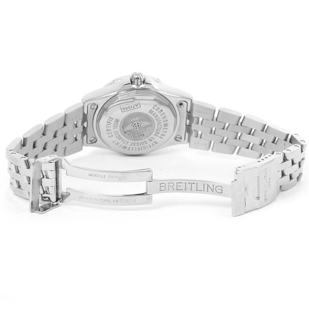 The image shows the open clasp and back of the Breitling A71340 Women's Stainless Steel Mother of Pearl Dial A71340 Women's Stainless Steel Mother of Pearl Dial Starliner Green Mother of Pearl Diamond Ladies Watch A71340 model.