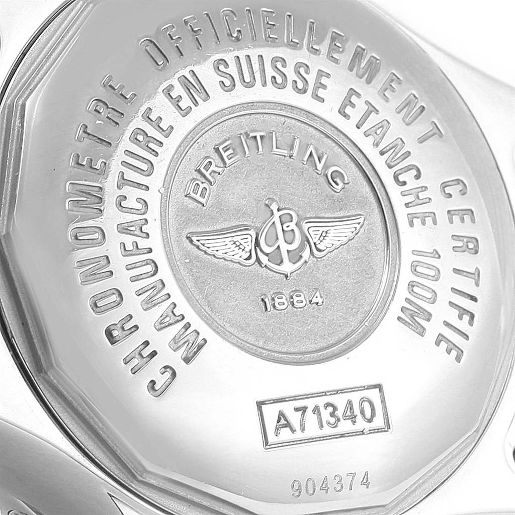 The image shows a close-up of the back case of the Breitling A71340 Women's Stainless Steel Mother of Pearl Dial A71340 Women's Stainless Steel Mother of Pearl Dial Starliner Green Mother of Pearl Diamond Ladies Watch, model A71340.