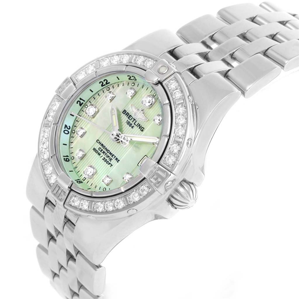 The image shows a side angle of the Breitling A71340 Women's Stainless Steel Mother of Pearl Dial A71340 Women's Stainless Steel Mother of Pearl Dial Starliner Green Mother of Pearl Diamond Ladies Watch A71340, highlighting the dial and bracelet.